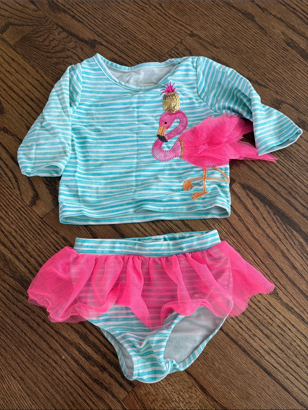 Mud Pie Turquoise & Pink Stripe Swim Set with Flamingo ruffle skirt